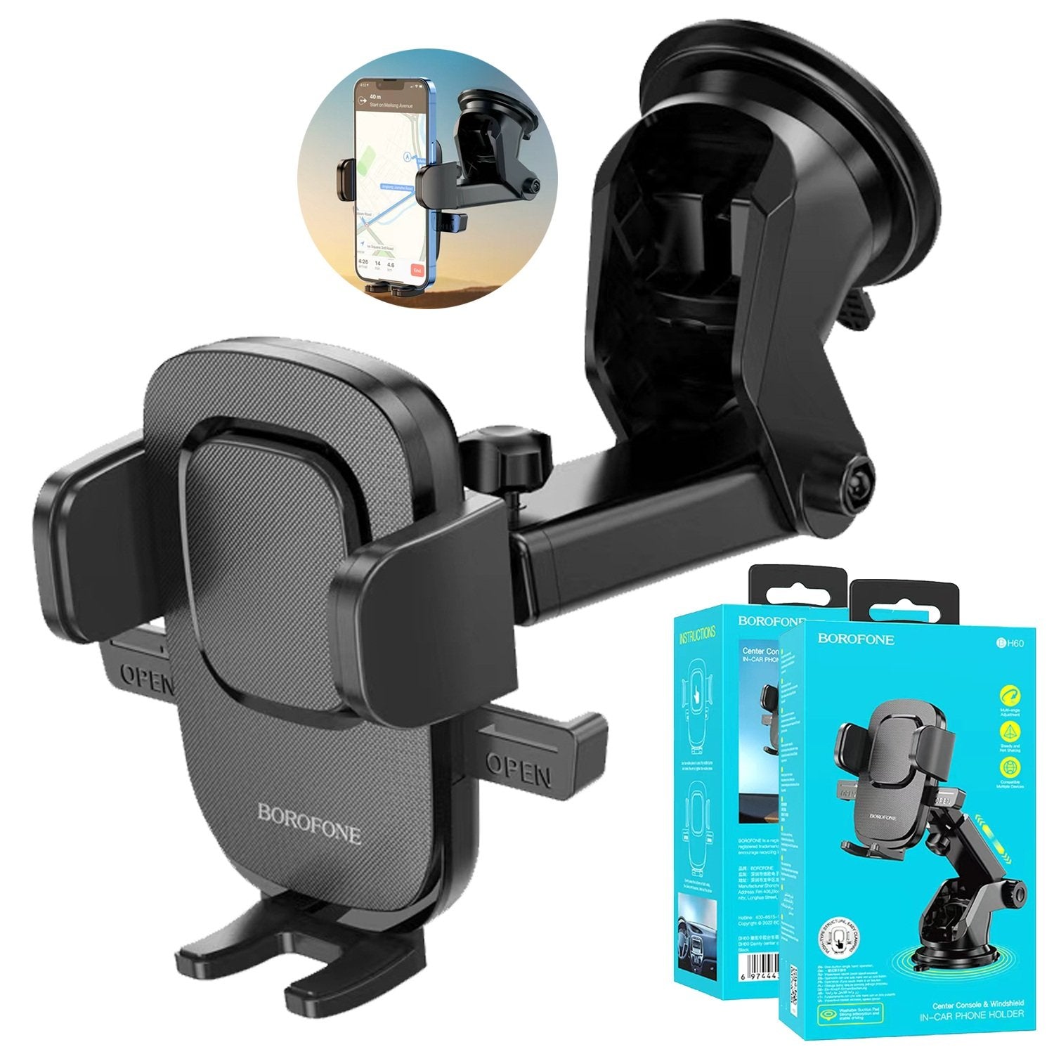Borofone BH60 Dashboard & Windshield Universal Car Mount Phone Holder with Suction Cup and Telescopic Arm for iPhone, Samsung, Google, Nokia Borofone BH60 Dashboard & Windshield Universal Car Mount Phone Holder with Suction Cup and Telescopic Arm for iPhone, Samsung, Google, Nokia